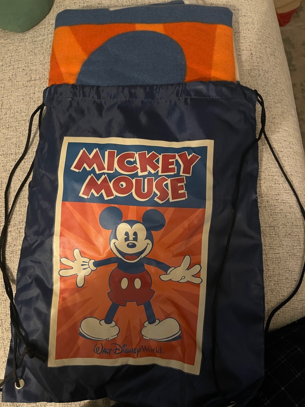 Disney Mickey Mouse Navy Blue Orange Drawstring Blanket Tote
